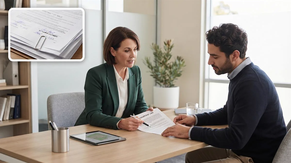 A conveyancer explaining a transfer document to a client across a desk